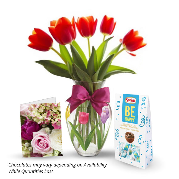 Red tulips, chocolates, and card gift set.