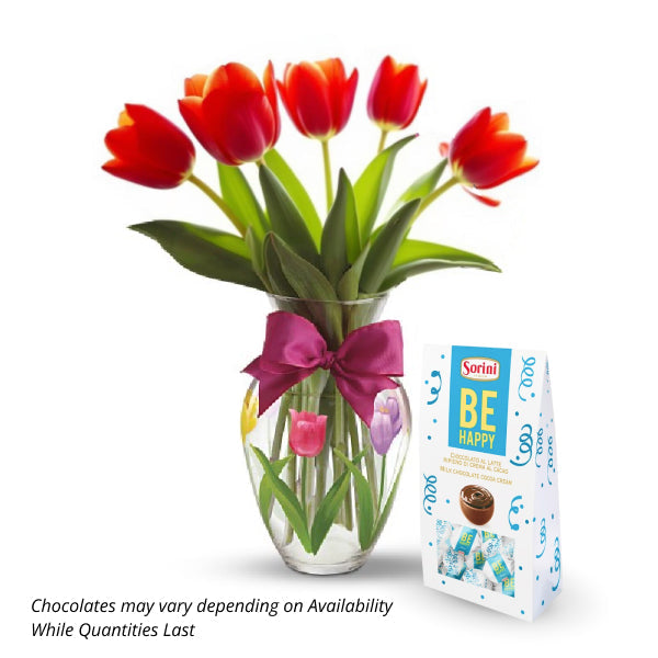 Red tulips and chocolate gift box