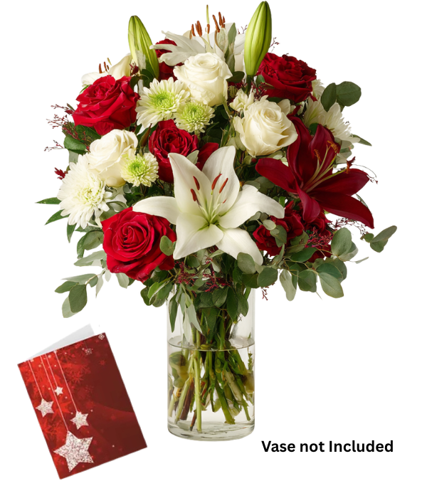Bouquet of red & white roses and lilies with card