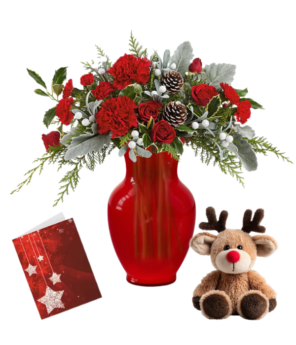 Christmas flower arrangement with reindeer and card