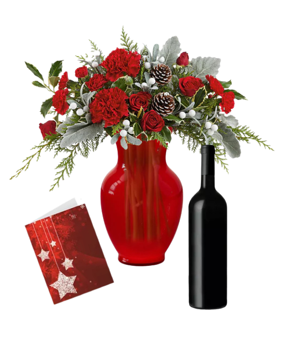 Christmas cabin floral arrangement with wine and card