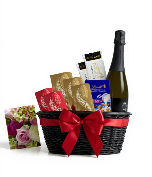 Lindt Bubbly gift basket with chocolate and champagne