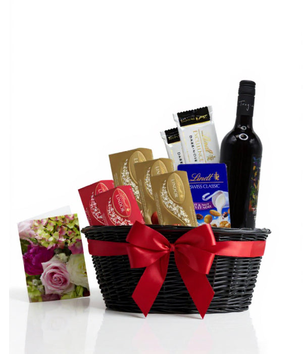 Lindt chocolate and wine gift basket