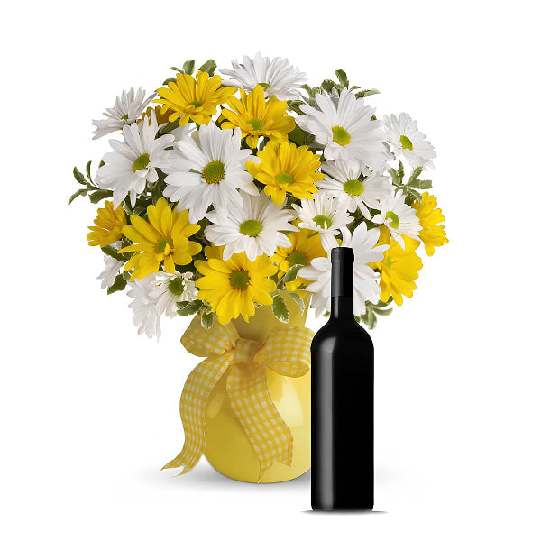 Yellow daisies and red wine gift