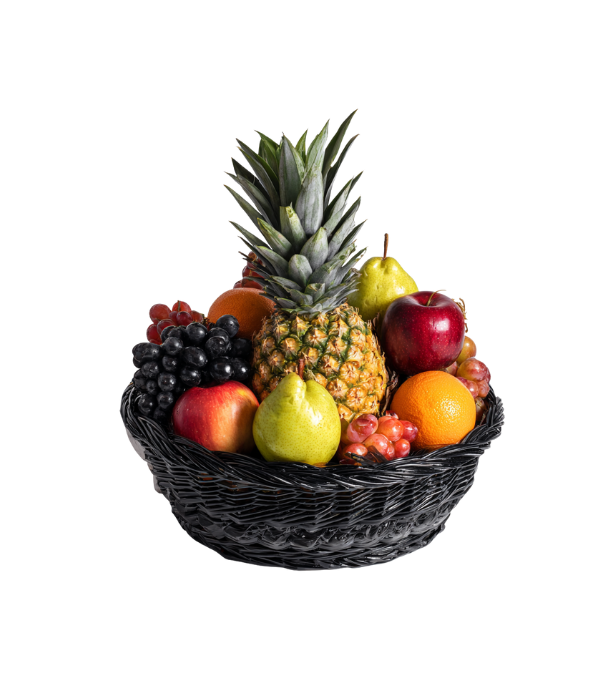 Fruit basket with pineapple, apples, grapes, and oranges.