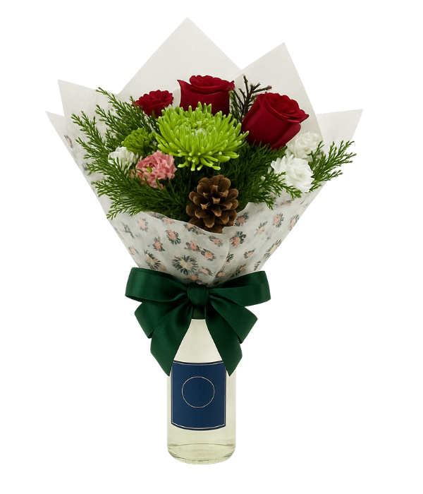 BloominWhite bouquet with red roses and green accents.