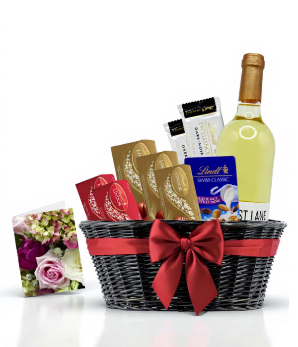 Gift basket with Lindt white chocolate and wine