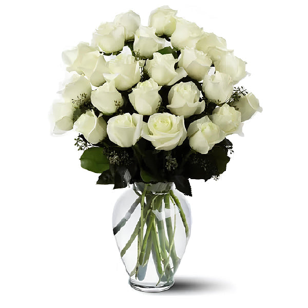 two dozen white roses in a vase
